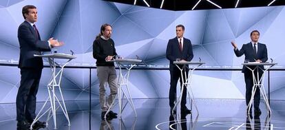 Los candidatos de PP, Unidas Podemos, PSOE y Rivera, durante el debate de Atresmedia.