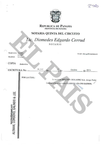 Documento notarial de la sociedad panameña Relton Holding vinculada al ex alto cargo del Ayuntamiento de Lima (Perú) Gabriel Prado Ramos.