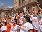 FILE - In this Sept. 1, 2021 file photo, women protest against the six-week abortion ban at the Capitol in Austin, Texas. Even before a strict abortion ban took effect in Texas this week, clinics in neighboring states were fielding more and more calls from women desperate for options. The Texas law, allowed to stand in a decision Thursday, Sept. 2, 2021 by the U.S. Supreme Court, bans abortions after a fetal heartbeat can be detected, typically around six weeks. (Jay Janner/Austin American-Statesman via AP File)