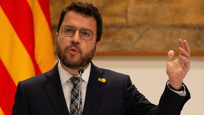 El presidente de la Generalitat, Pere Aragonès, en una comparecencia ante la prensa este jueves en el Palau.