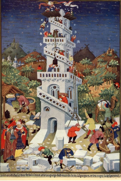 La torre de Babel en un dibujo del <i>Libro de horas de Bedford</i> (hacia 1423).