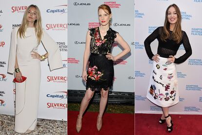 Sienna Miller, Jessica Chastain y Olivia Wilde posando en la alfombra roja del festival.