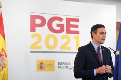 El presidente del Gobierno, Pedro Sánchez, durante el acto de presentación de los Presupuestos Generales del Estado para 2021, este martes.