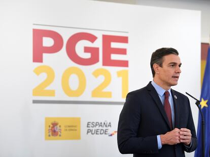 El presidente del Gobierno, Pedro Sánchez, durante el acto de presentación de los Presupuestos Generales del Estado para 2021, este martes.