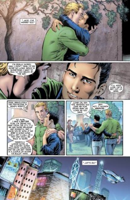 Viñetas de la nueva entrega de 'Earth 2' en las que se desvela que 'Linterna Verde' es gay.