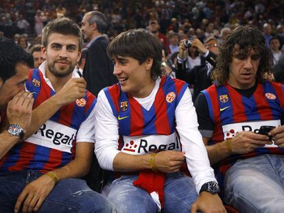 Busquets, Piqué, Bojan y Puyol, ayer en la final de la Euroliga en París.