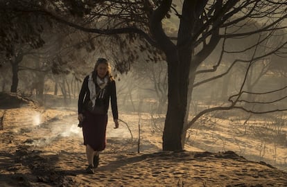 Un total de 450 personas permanecen realojadas en instalaciones proporcionadas por el operativo de emergencia desplegado por el incendio forestal declarado en la tarde-noche de este sábado en el término municipal de Moguer (Huelva). En la imagen, una mujer camina por el paraje desolado de Cuesta Maneli, el 26 de junio de 2017.