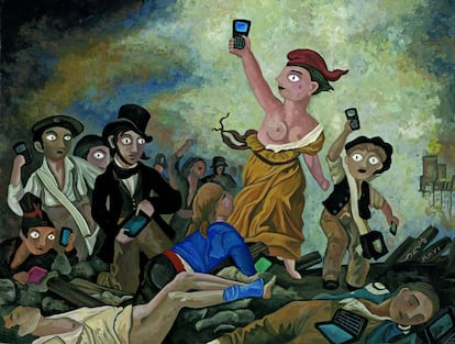 'La Blackberry guiando al pueblo', ganadora del segundo premio World Press Cartoon de la sección 'Editoriales', es una parodia de 'La libertad guiando al pueblo', de Eugene Delacroix.