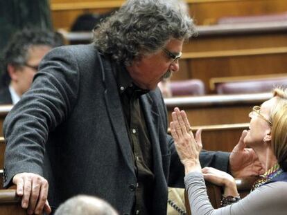 La l&iacute;der de UPyD Rosa D&iacute;az conversa con el portavoz de ERC, Joan Tard&aacute;, antes del pleno del Congreso.