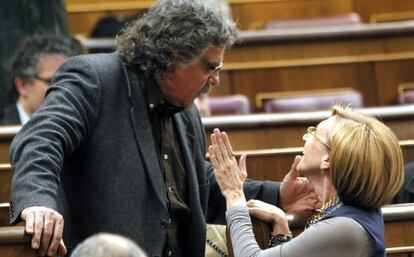 La líder de UPyD Rosa Díaz conversa con el portavoz de ERC, Joan Tardá, antes del pleno del Congreso.