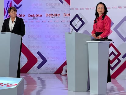 Las candidatas a la gubernatura del Estado de México, Delfina Gómez (Morena) y Alejandra del Moral (PRI-PAN), durante el debate de este jueves en Toluca.