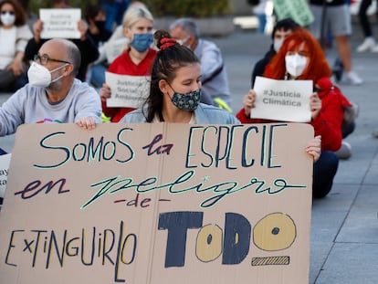 Ativistas protestam em Madri em 25 de setembro, Dia Global da Ação pelo Clima. No cartaz, lê-se: "Somos a espécie em perigo de extinguir tudo".