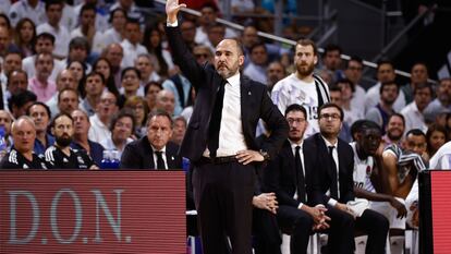 Chus Mateo, entrenador del Real Madrid, durante el quinto partido de la serie contra el Partizán de Belgrado.