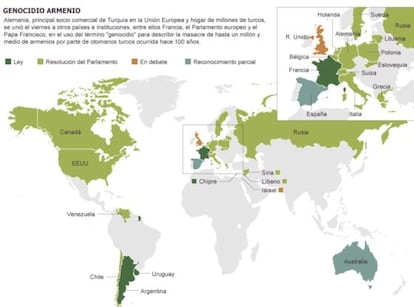 Mapa de los países que han reconocido el genocidio armenio.