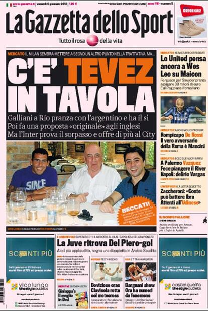 Tévez, protagonista hoy en la portada de la 'Gazzetta dello Sport'.