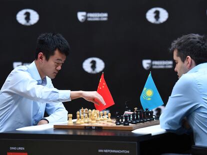 Ding Liren of China competes against Ian Nepomniachtchi of International Chess Federation at the FIDE World Championship on April 30, 2023.