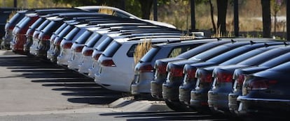 Volkswagen cars lined up at a German showroom.