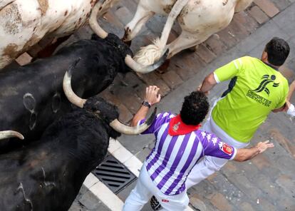 Los toros de la ganadería de Fuente Ymbro son los protagonistas del cuarto encierro de San Fermín por las calles de Pamplona.