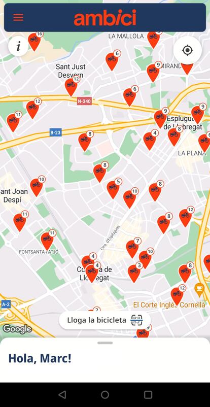 Mapa de l’àrea metropolitana. Els 15 municipis on hi estarà disponible el servei AMBici són els de la franja més propera al mar i a la ciutat de Barcelona, entre Castelldefels i Badalona.