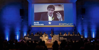 Carles Puigdemont, durante su intervención a distancia en el consell nacional del partido.