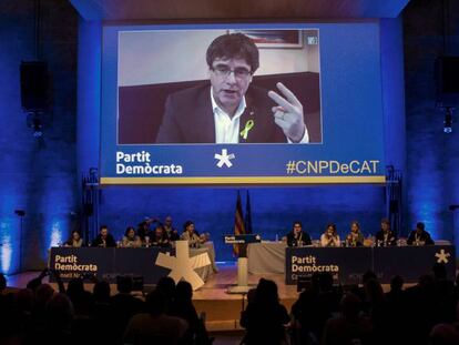 Carles Puigdemont, durante su intervención a distancia en el consell nacional del partido.