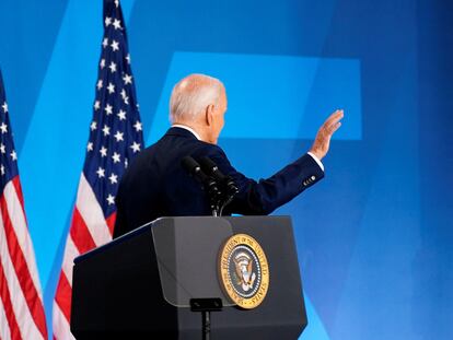 El presidente de Estados Unidos, Joe Biden, tras la rueda de prensa de este jueves en la cumbre de la OTAN.
