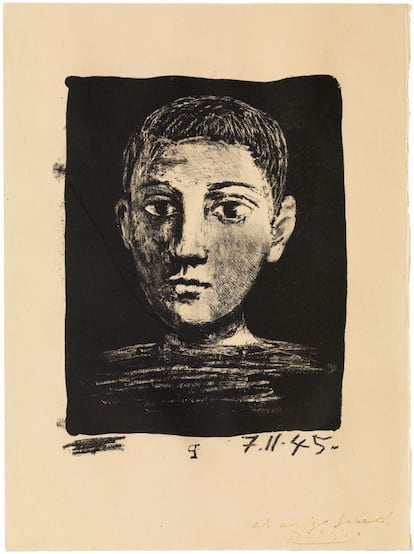 Pablo Picasso. Cabeza (autorretrato evocativo). París, 7 de noviembre de 1945. Agua y raspador sobre piedra. 44,1 x 32,8 cm. Fundación Picasso. Museo Casa Natal, Ayuntamiento de Málaga.