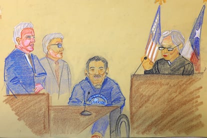 En un boceto de la corte Ismael "El Mayo" Zambada quien comparece ante el tribunal después de declararse inocente de los cargos de tráfico de drogas en Estados Unidos, en El Paso, Texas, EE. UU., el 1 de agosto de 2024.