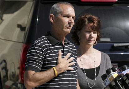 Austin Bice's parents appearing before the media outside their home in Carlsbad, California.