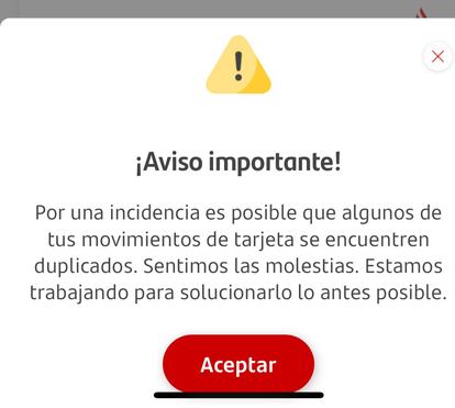 Mensaje enviado por Banco Santander a sus clientes a través de la aplicación de la entidad.