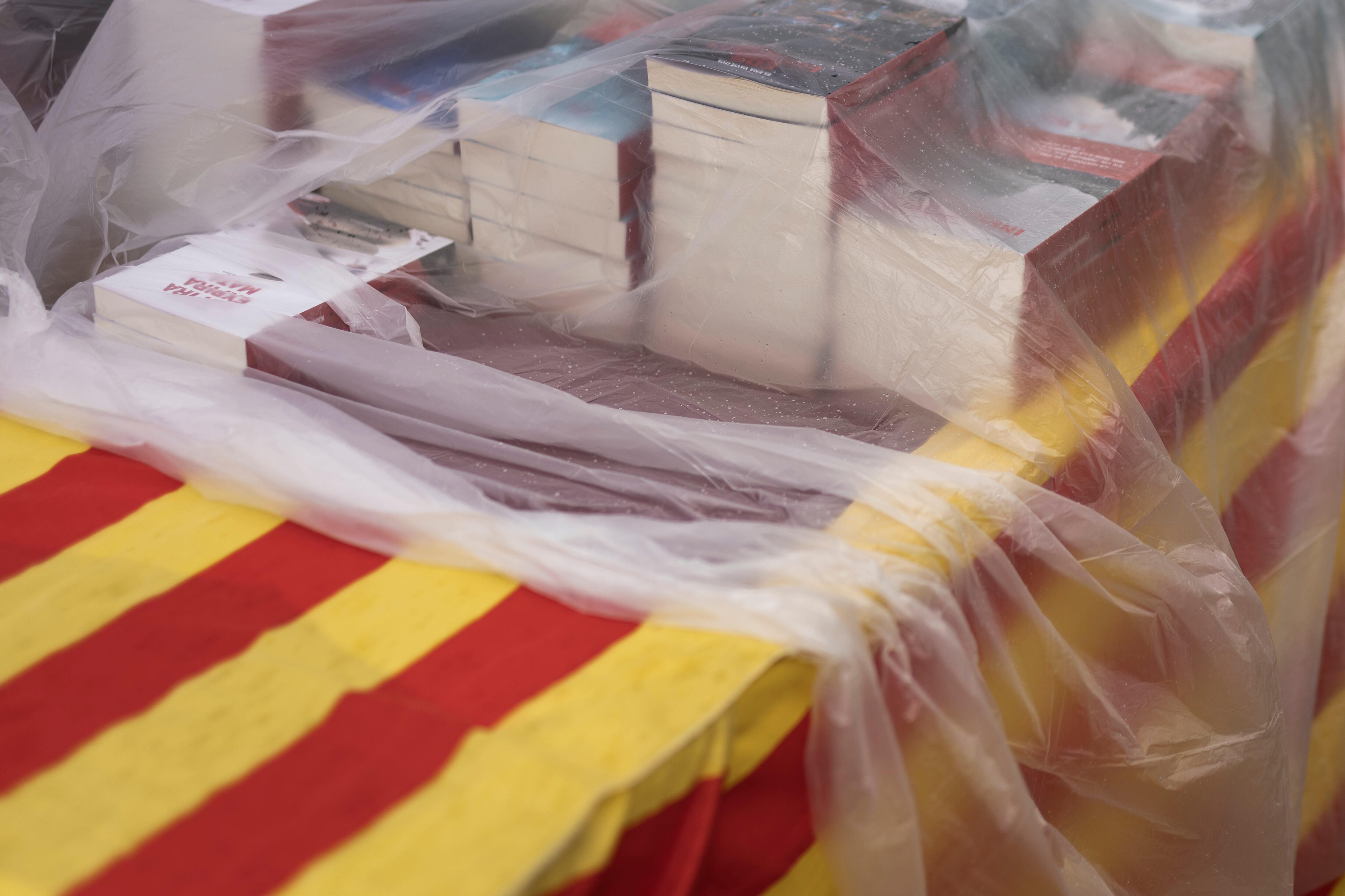 Libros protegidos con un plástico de la lluvia, este martes durante la celebración Sant Jordi. 