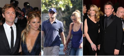 De izquierda a derecha, Jude Law y Sienna Miller; Leonardo di Caprio y Bar Rafaeli, y Robin Wright con Sean Penn.