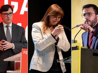 Los candidatos del PSC, Salvador Illa; JxCAT, Laura Borràs; y ERC, Pere Aragonès.