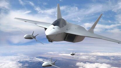 Recreación del Futuro Sistema Aéreo de Combate (FCAS-NGWS) que desarrollan Alemania, Francia y España.