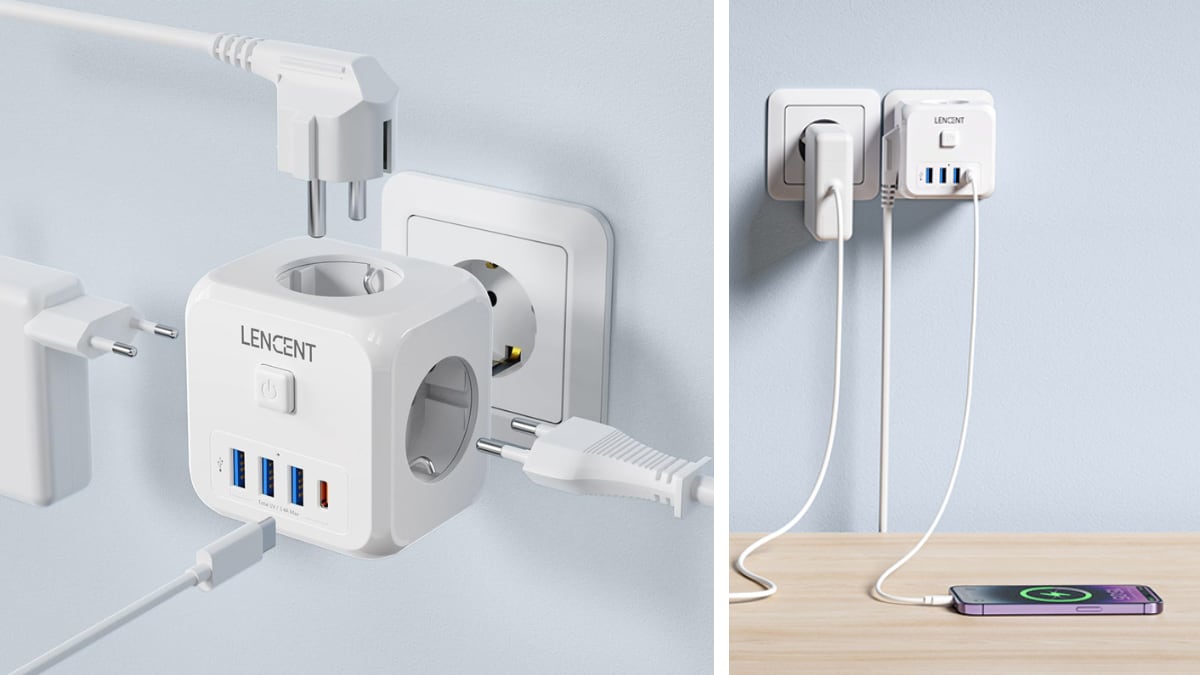 Enchufe con tres tomas de corriente, tres puertos USB-A y uno USB-C.