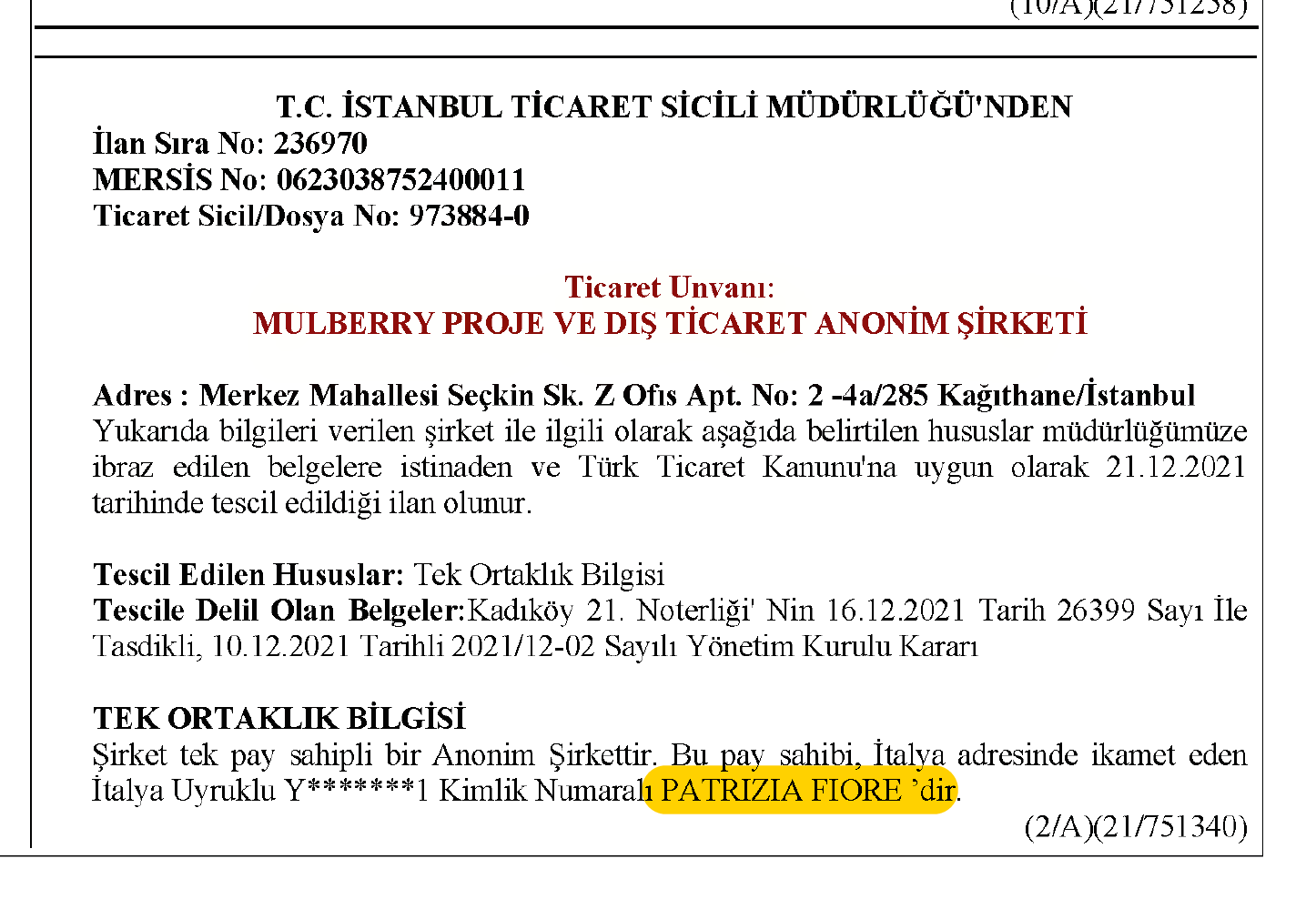 Extracto del Boletín del Registro Mercantil de Turquía del 22 de diciembre de 2021 en el que se especifica que Patrizia Fiore, tía de la esposa de Alex Saab, es la beneficiaria única de la empresa turca Mulberry, implicada en la exportación de alimentos a Venezuela.