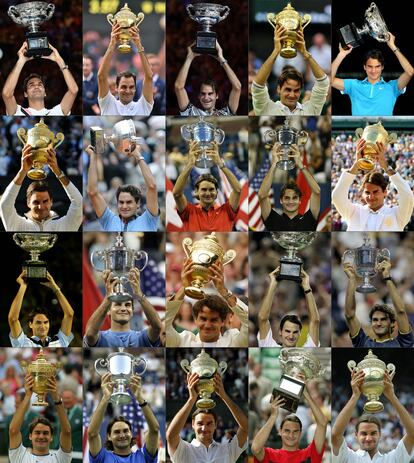 Combinación de imágenes de los torneos de Grand Slam ganados por Roger Federer. De izquierda a derecha y de arriba a abajo, Open de Australia 2018, Wimbledon 2017, Open de Australia 2017, Wimbledon 2012, Open de Australia 2010, Wimbledon 2009, Roland Garros 2009, Open de Estados Unidos 2008, Open de Estados Unidos 2007, Wimbledon 2007, Open de Australia 2007, Open de Estados Unidos 2006, Wimbledon  2006, Open de Australia 2006, Open de Estados Unidos 2005, Wimbledon 2005, Open de Estados Unidos 2004, Wimbledon 2004, Open de Australia 2004, Wimbledon 2003.