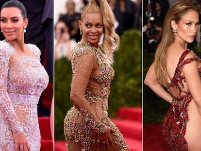 De izquierda a derecha: la estrella de la televisi&oacute;n Kim Kardashian y las cantantes Beyonc&eacute; y Jennifer Lopez, a su llegada a la gala del Met. 