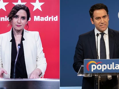 A la izquierda, Isabel Díaz Ayuso, en su comparecencia del jueves. A la derecha García Egea, en la sede del PP.