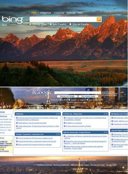 Arriba, el nuevo Bing. Debajo, la página de búsquedas de Google.
