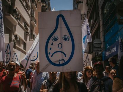 Healthcare workers protest against President Javier Milei in downtown Buenos Aires.