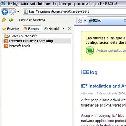 Internet Explorer 7 hace gala de un diseño más refinado y parecido a lo que se ofrece en el sistema operativo Windows Vista, con botones y barras de desplazamiento más estilizados. El panel lateral sigue mostrando los 'Favoritos' y el 'Historial', y añade las 'Suscripciones'.