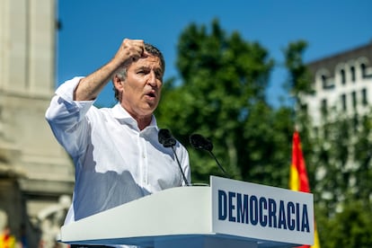 El líder del PP, Alberto Núñez Feijóo, en un momento de su intervención.