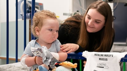 Rosie-Mae Walton and her son Marley after he was treated with Zolgensma, a drug for spinal muscular atrophy, at a hospital in Sheffield, UK