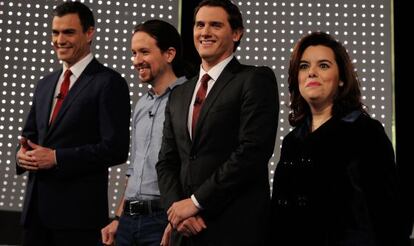 S&aacute;nchez, Iglesias, Rivera y Santamar&iacute;a, antes del debate.