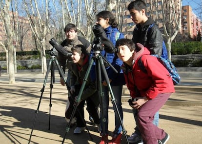 Varios alumnos de 1º de la ESO del Instituto San Isidro, de Madrid, observan aves en el parque Lineal del Manzanares.