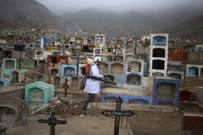 Labores de fumigación contra el virus del dengue, del chikungunya y de Zika, en el cementerio de los Martires en las afueras de Lima, Perú.