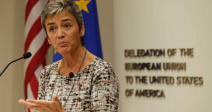 La comisaria europea de la Competencia, Margrethe Vestager, en una visita a EE UU. 