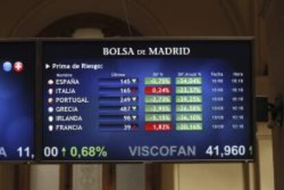 Pantalla informativa de la prima de riesgo, esta mañana en la Bolsa de Madrid.
