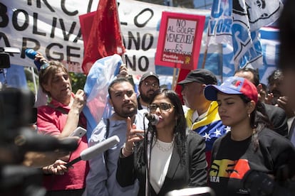 Delcy Rodríguez speaks in Buenos Aires.